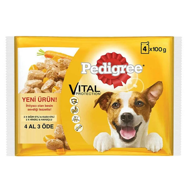 مولتی پک 4 عددی  پوچ سگ بالغ طعم گوشت و بوقلمون Pedigree